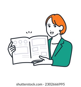 Simple vector illustration material of a young business woman explaining with a pamphlet