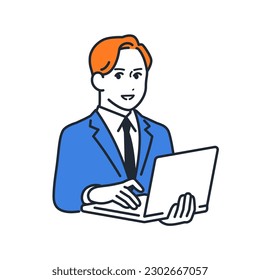 Simple vector illustration material of a young businessman explaining with a laptop