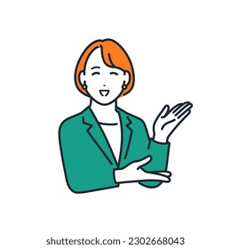 A simple vector illustration material of a young business woman who introduces a service with a smile