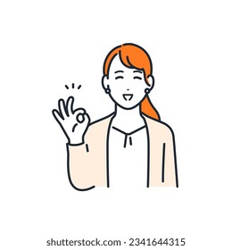 A simple vector illustration material of a young business woman who makes an OK sign with a smile