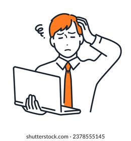 Simple vector illustration material of a young businessman suffering from computer troubles