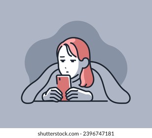 Simple vector illustration material of a young woman looking at a smartphone in the dark