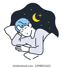 Simple vector illustration material of a young man sleeping in bed