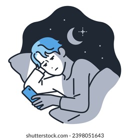 Simple ilustración vectorial material de un joven mirando su smartphone en medio de la noche