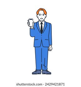 Simple vector illustration material of a young businessman showing his smartphone screen