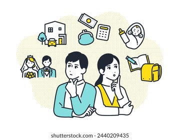 Simple vector illustration material of a young couple thinking about their life plan