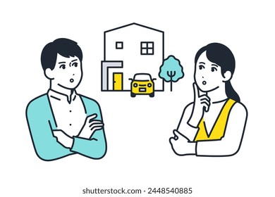 Simple vector illustration material of a young couple thinking about a mortgage for a detached house