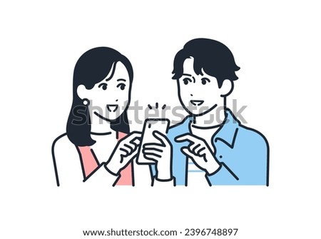 Simple vector illustration material of young men and women making reservations on smartphones