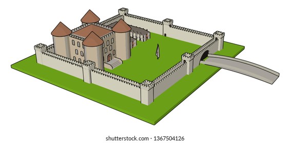 Simple vector illustration of a medieval castle with fortified wall and towers white background