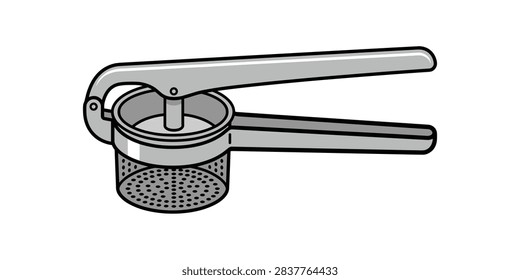 A simple vector illustration of a metallic potato ricer kitchen tool isolated on a white background.