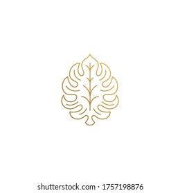 Simple vector illustration of minimal linear style emblem design template of beautiful ornamental tropical leaf hand drawn with golden lines