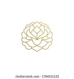 Simple vector illustration of minimal linear style emblem design template of elegant beautiful rose hand drawn with thin golden lines