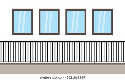 Simple vector illustration of a modern building facade with four blue windows and a black metal balcony railing. Clean architectural design ideal for urban-themed projects.