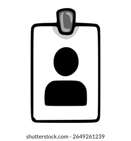 Simple vector illustration of a monochrome ID card with a minimalistic person icon, featuring a hand-drawn style and a dark grey clip.