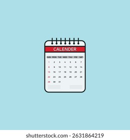 Simple vector illustration of a monthly calendar with dates, red header, and spiral binding. Perfect for time management, planning, and productivity-themed designs