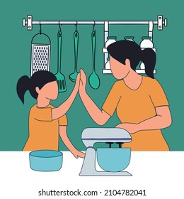 Simple Vector illustration of mother and daughter preparing to cook some cookies in the kitchen and giving high five gestures. Parenting concept line art modern design vector illustration 