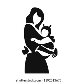 Simple Vector illustration mother with her baby in sling icon sticker. Wearing baby in sling logo