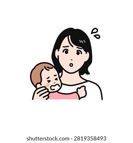 Simple vector illustration of a mother struggling with a fussy baby.