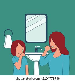 Simple Vector illustration mother teaching her daughter teeth brushing in the bathroom. Routine habits for cleanliness and health of mouth and teeth. line art Modern design vector illustration 