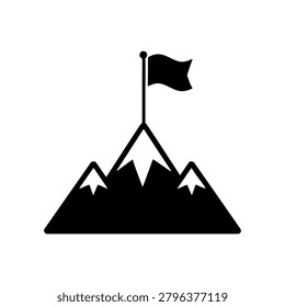 Simple vector illustration of a mountain peak with a flag planted on the summit, symbolizing success, achievement, leadership, determination, ambition, and reaching goals. Ideal for business growth concepts, motivation themes, career development, project completion, branding, presentations, websites, and mobile applications.
