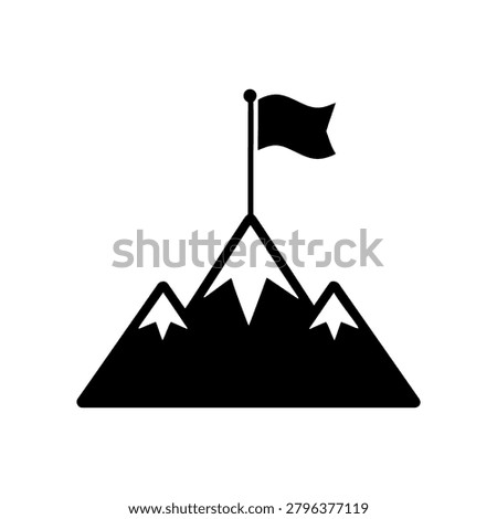 Simple vector illustration of a mountain peak with a flag planted on the summit, symbolizing success, achievement, leadership, determination, ambition, and reaching goals. Ideal for business growth concepts, motivation themes, career development, project completion, branding, presentations, websites, and mobile applications.