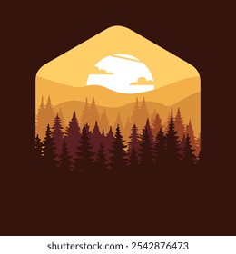 Ilustración vectorial sencilla de paisaje montañoso Atmósfera de atardecer con sol y nubes