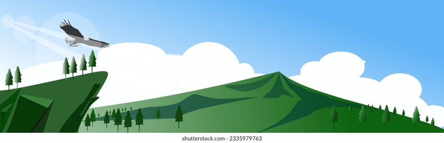 Simple Vector illustration, mountainpass landscape with flying eagle scene, for banner , background, wall decoration 