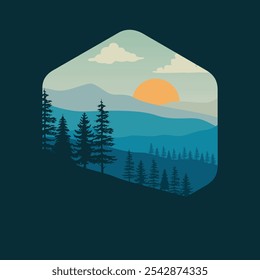 simple vector illustration of mountains and pine forests in a bright morning atmosphere