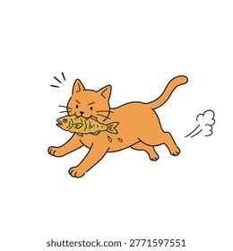simple vector illustration of a naughty cat running while biting a piece of fried fish in its mouth
