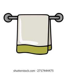Una simple Ilustración vectorial de una toalla de baño perfectamente doblada que cuelga en un toallero cromado minimalista, con una suave tela beige con una sutil franja verde oliva en la parte inferior, aislada en un...