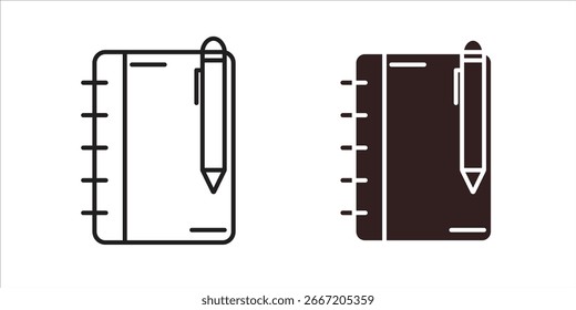 Ilustração vetorial simples de um conjunto de ícones de bloco de notas e caneta, isolado em fundo branco. Perfeito para aplicativos ou sites.