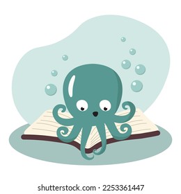 simple vector illustration octopus reading book