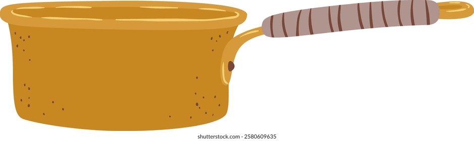 Simple vector illustration of an old cooking pot with a long wooden handle, isolated on a white background, perfect for recipe books or cooking websites