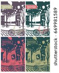 Simple vector illustration of old typical Amsterdam city street, with trees, bikes, signs, canals and houses. In two colors.