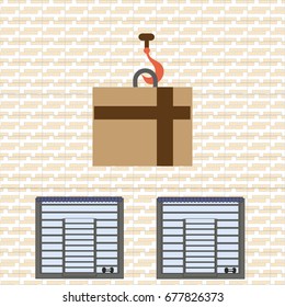simple vector illustration on the theme of warehouse logistics, the load on the hook and the bin gate on brick wall background
