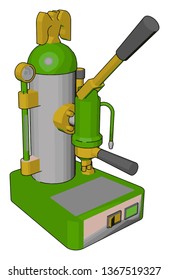 Simple vector illustration on white background of a green and yellow cappuccino maker