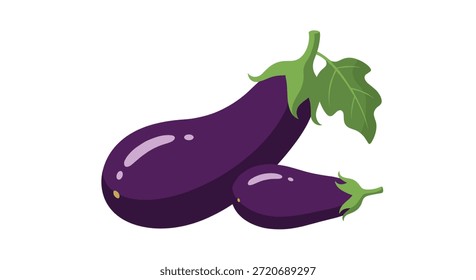 Una Ilustración vectorial simple de una berenjena púrpura Grande y una Pequeña con subgrupos verdes, aislada sobre un fondo blanco.