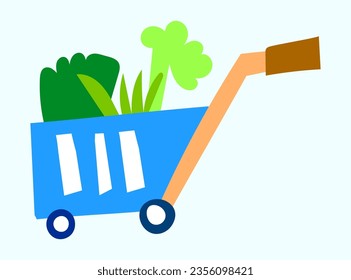 Simple vector illustration of an online shopping cart for vegetables, kitchen tools, and food.