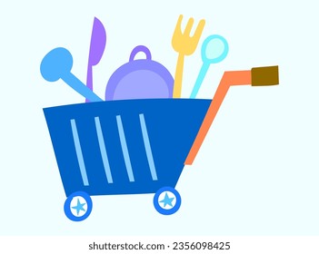 Simple vector illustration of an online shopping cart for vegetables, kitchen tools, and food.