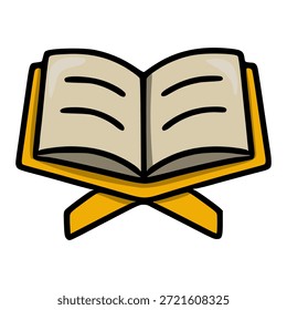 Simples ilustração vetorial de um livro aberto em um suporte amarelo, representando conhecimento e aprendizagem.