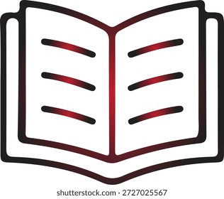 A simple vector illustration of an open book with dark red lines on white pages framed in black lines on transparent background