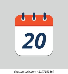 Simple vector illustration of orange calendar flat icon editable in eps 10, day 20.