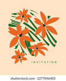 Simple Vector Illustration with Orange Hand Drawn Tropical Flowers and Green Leaves on a Light Coral Background. Modern Abstract Exotic Garden Design. Floral Print ideal for Invitation, Card. 
