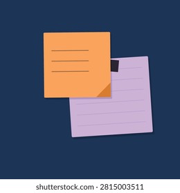 Simple vector illustration of an orange sticky note clipped to a lined purple notepad, ready for notes and reminders.