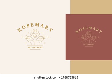 Simple vector illustration of outline emblem template with female hands holding elegant rose designed for flourishing flower store product packaging line style