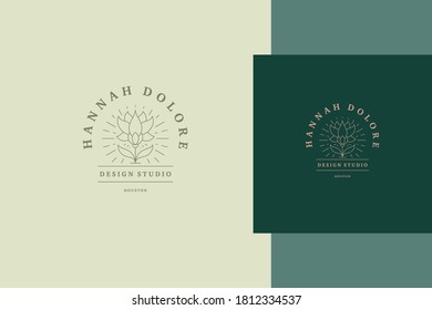 Simple vector illustration of outline emblem template of elegant shining and growing stylized flower designed for modern design studio advertisement line style