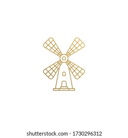 Simple vector illustration of outline graphic logo design template of traditional windmill for agricultural industry hand drawn with golden lines