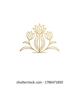 Simple vector illustration of outline graphic logo template of beautiful growing flower with bent stems and leaves drawn with golden lines