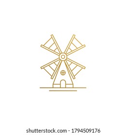 Simple vector illustration of outline graphic logo design template of traditional windmill for agricultural industry hand drawn with golden lines