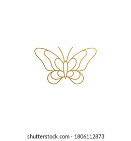 Simple vector illustration of outline graphic logo template of beautiful flying butterfly with striped wings hand drawn with golden lines